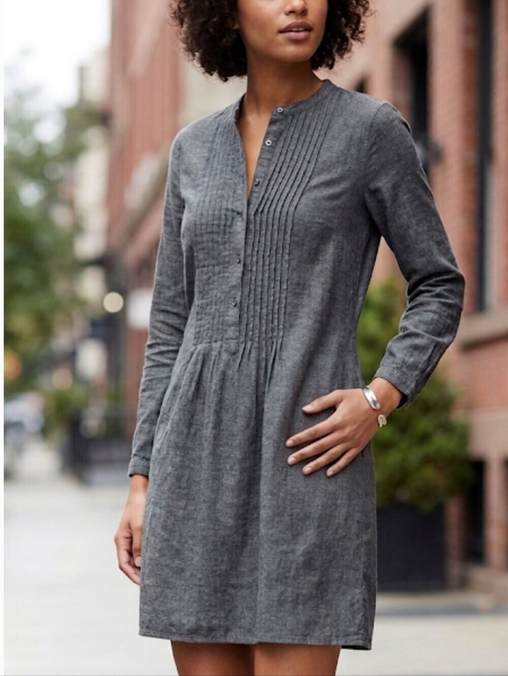 Charcoal Gray Denim Long-Sleeve Pintuck Women's Dress Size Small